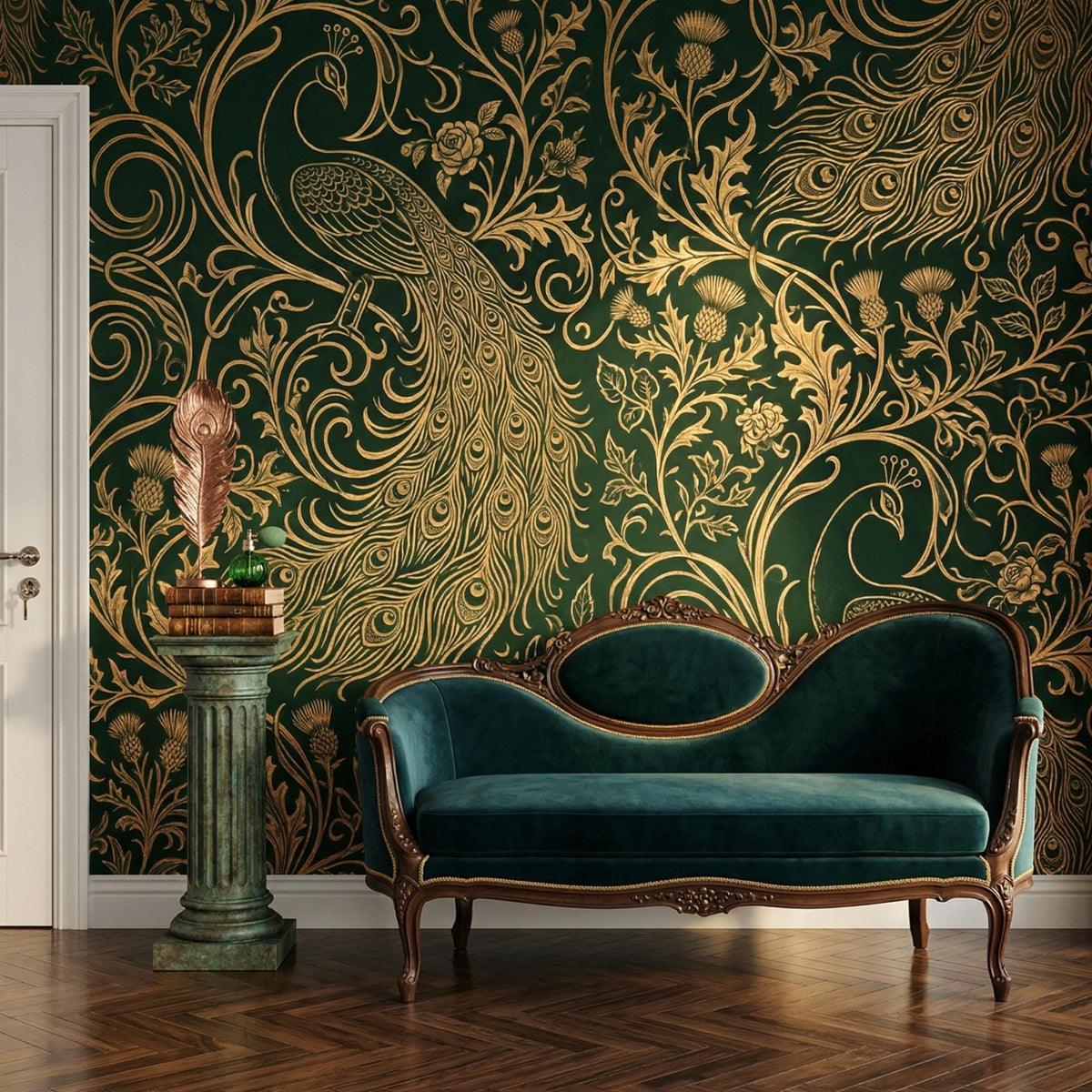 Emerald Gold Peacock Art Nouveau Wallpaper | Maximalist Victorian Floral Mural (Peel and Stick)