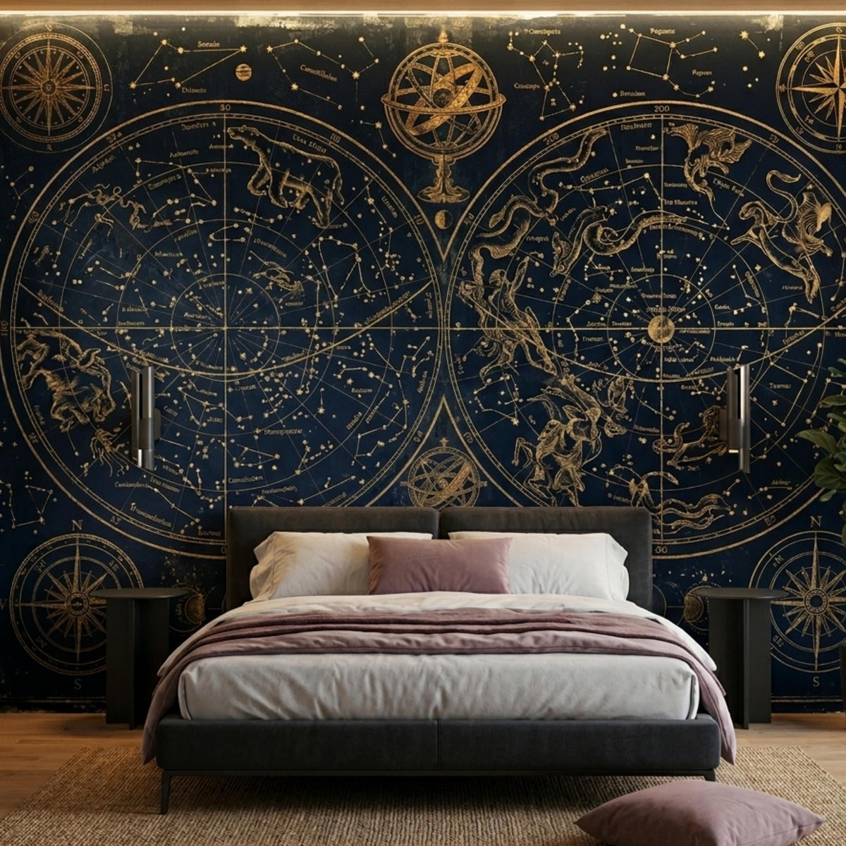 Celestial Constellation Map Mural – Vintage Navy Gold Star Wall Art (Dark Academia)