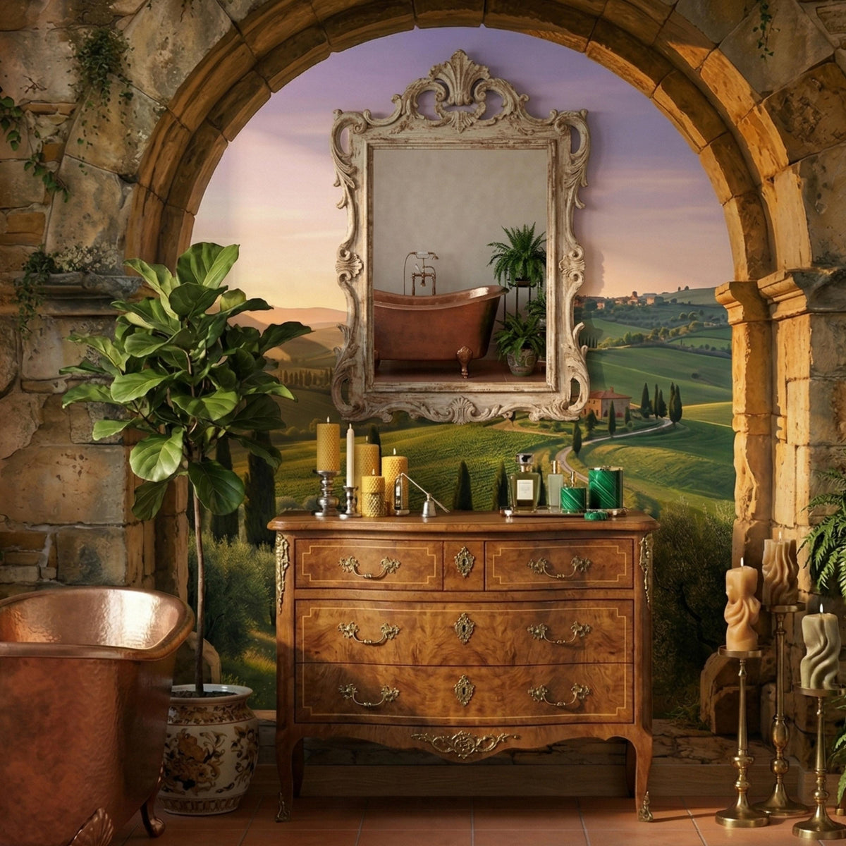 Tuscan Arch Window Mural | Rolling Hills Mediterranean Landscape Wallpaper
