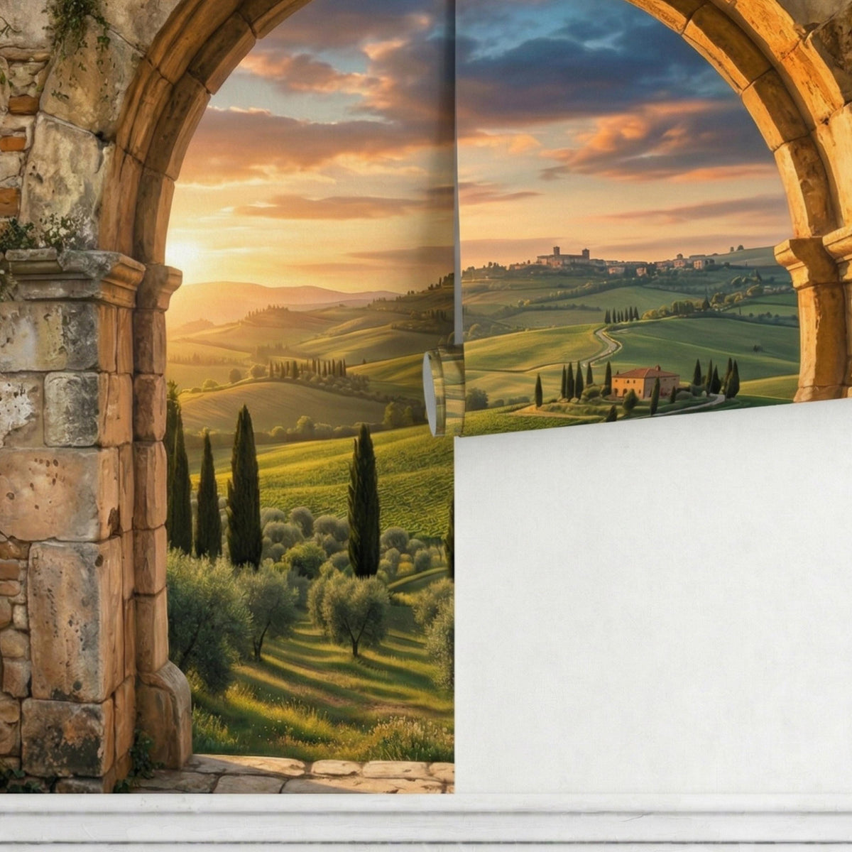 Tuscan Arch Window Mural | Rolling Hills Mediterranean Landscape Wallpaper