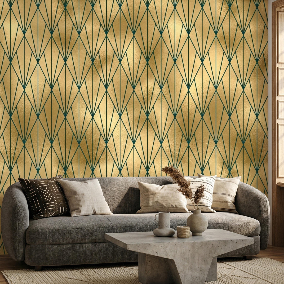 Art Deco Emerald Geometric Wallpaper – Luxe Gatsby Style Wall Mural