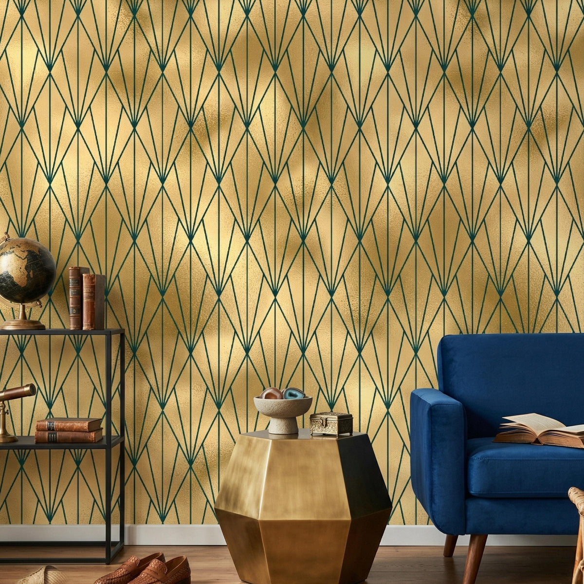 Art Deco Emerald Geometric Wallpaper – Luxe Gatsby Style Wall Mural