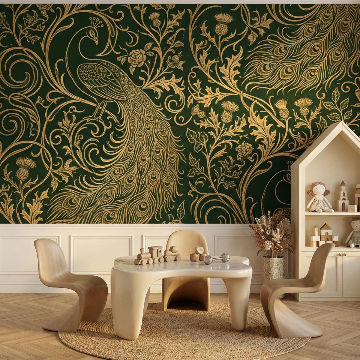 Emerald Gold Peacock Art Nouveau Wallpaper | Maximalist Victorian Floral Mural (Peel and Stick)