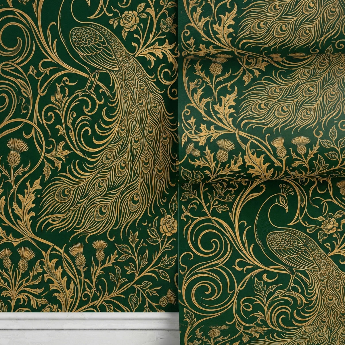 Emerald Gold Peacock Art Nouveau Wallpaper | Maximalist Victorian Floral Mural (Peel and Stick)