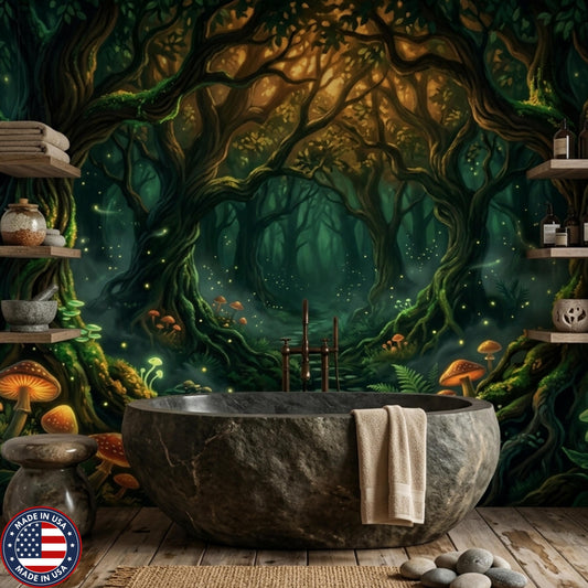 Enchanted Forest Mural | Dark Cottagecore Fairy Garden Wallpaper, Mushroom Art (Made to Measure)