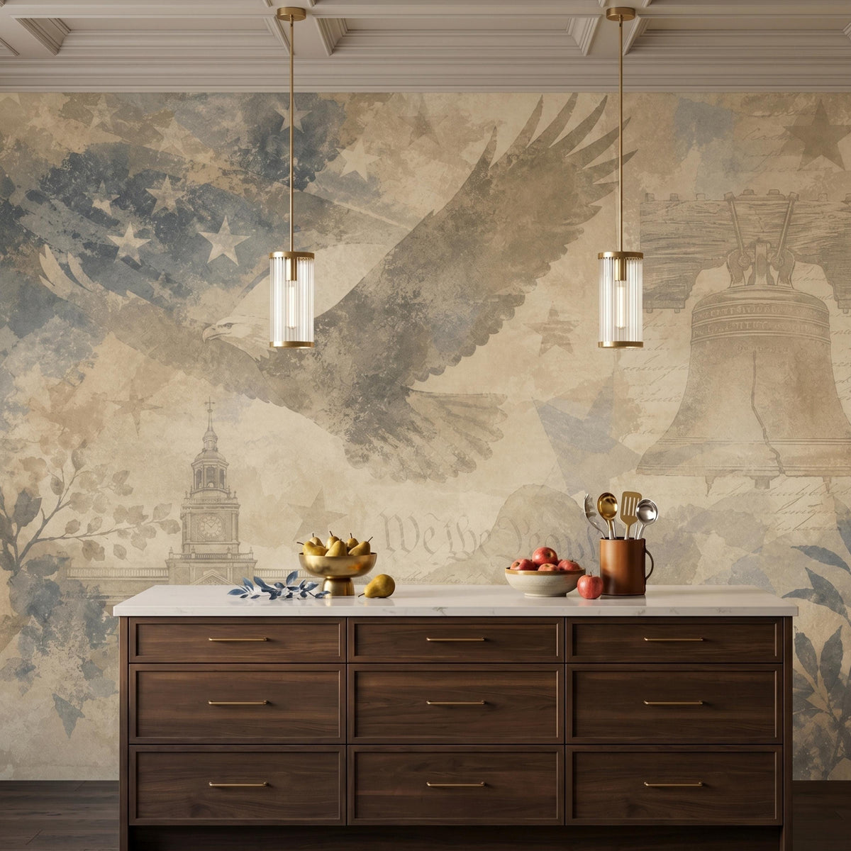 Vintage American Flag Eagle Mural, Rustic We The People Wall Decor