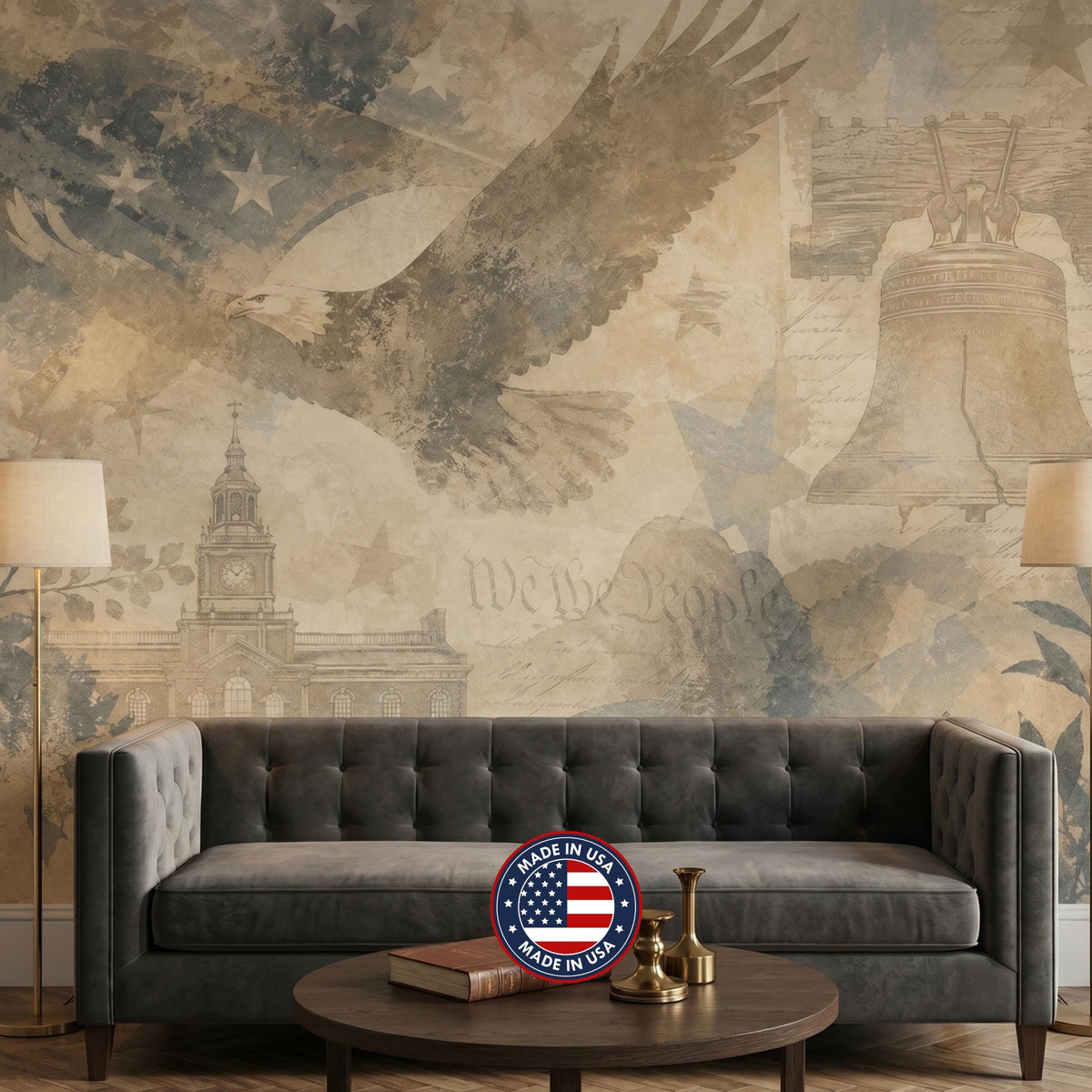 Vintage American Flag Eagle Mural, Rustic We The People Wall Decor