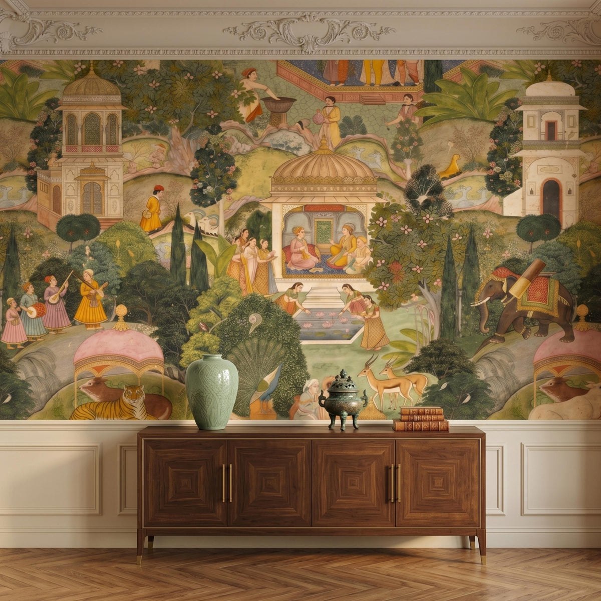 Jaipur Garden Wallpaper Mural: Vibrant Green Peel & Stick Wallpaper