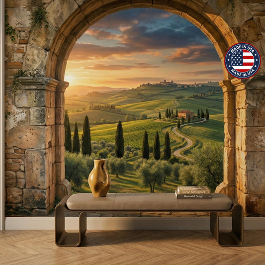 Tuscan Arch Window Mural | Rolling Hills Mediterranean Landscape Wallpaper