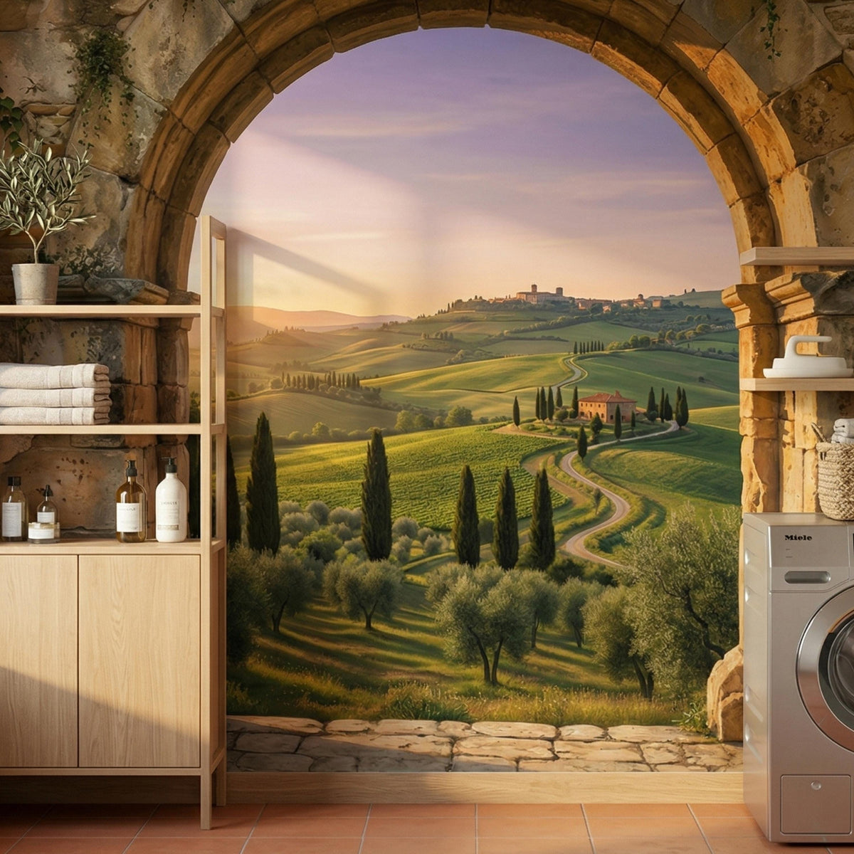 Tuscan Arch Window Mural | Rolling Hills Mediterranean Landscape Wallpaper