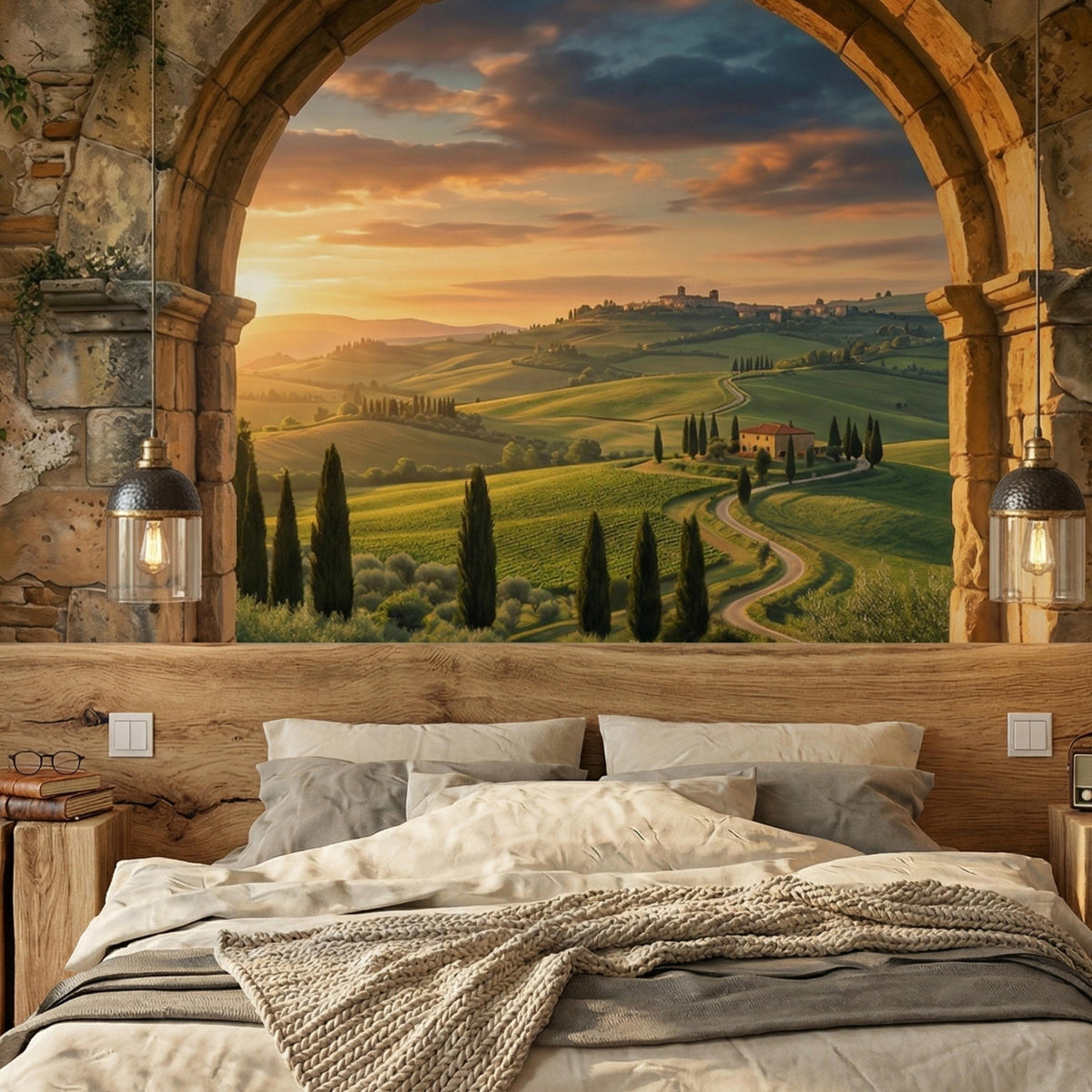 Tuscan Arch Window Mural | Rolling Hills Mediterranean Landscape Wallpaper