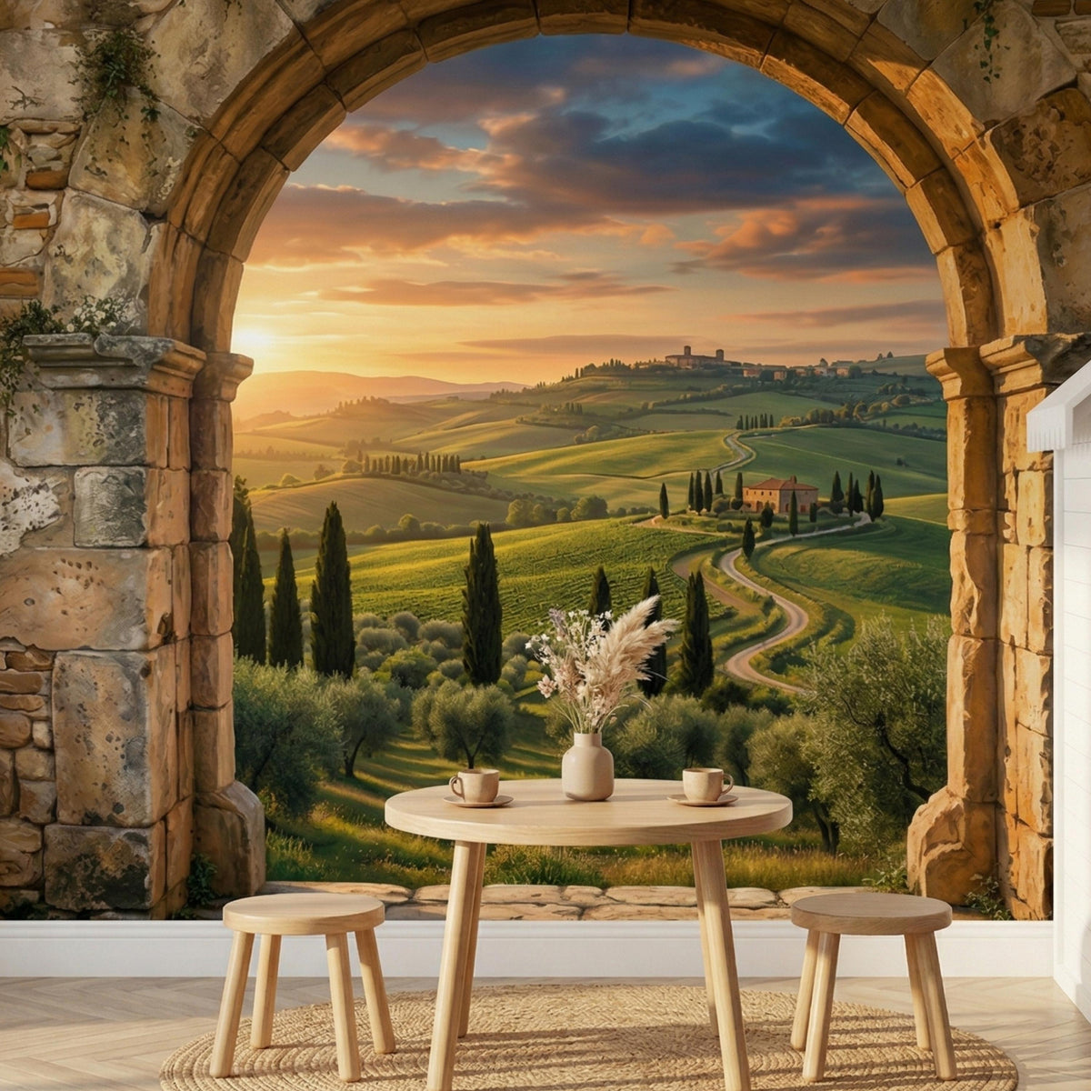 Tuscan Arch Window Mural | Rolling Hills Mediterranean Landscape Wallpaper