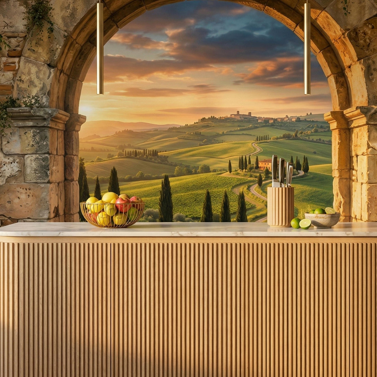 Tuscan Arch Window Mural | Rolling Hills Mediterranean Landscape Wallpaper