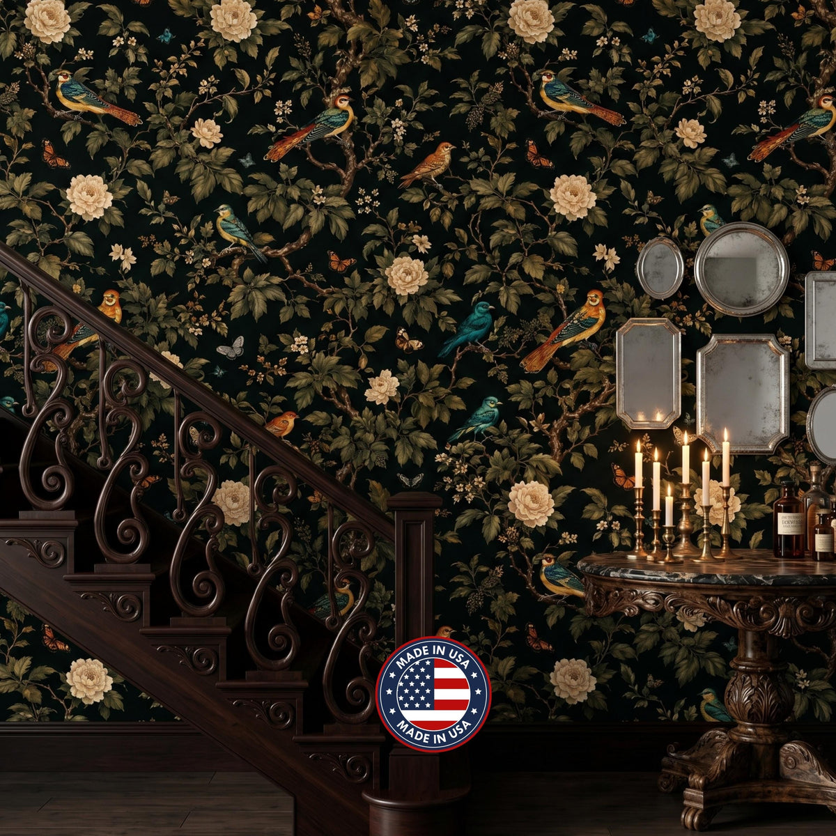 Dark Green Vintage Bird and Floral Chinoiserie Wallpaper, Moody Maximalist Wall Decor, Dark Academia Home Aesthetic