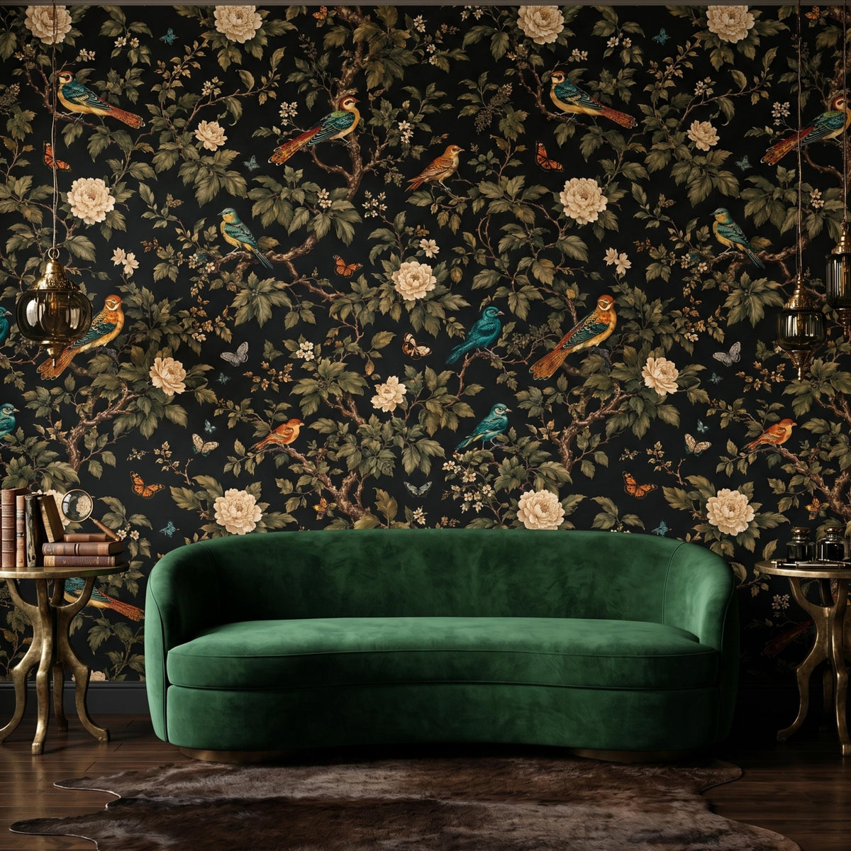 Dark Green Vintage Bird and Floral Chinoiserie Wallpaper, Moody Maximalist Wall Decor, Dark Academia Home Aesthetic