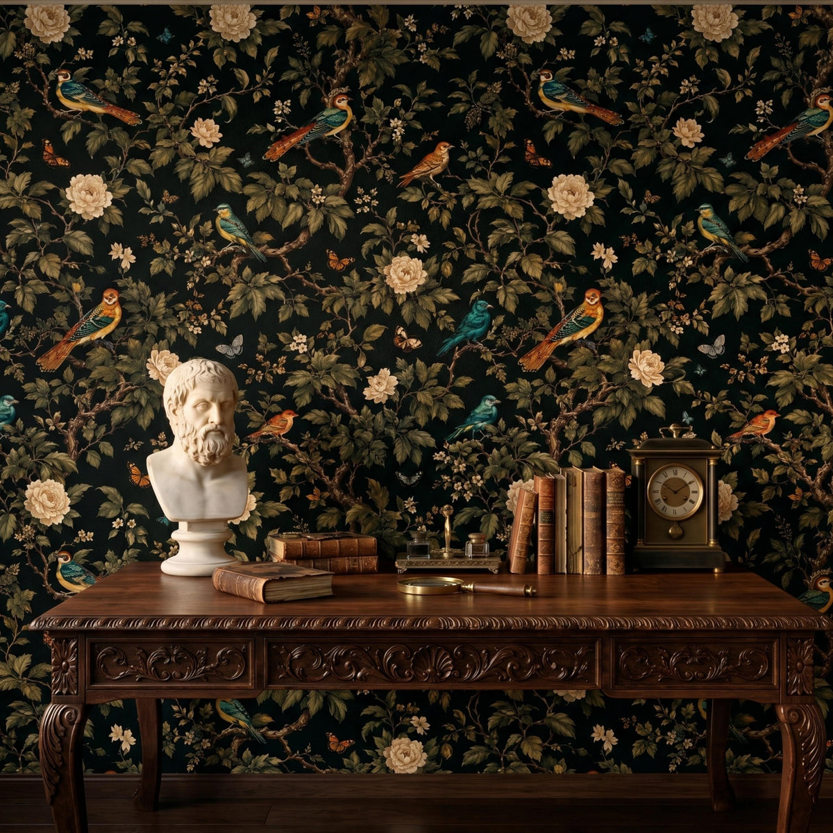 Dark Green Vintage Bird and Floral Chinoiserie Wallpaper, Moody Maximalist Wall Decor, Dark Academia Home Aesthetic