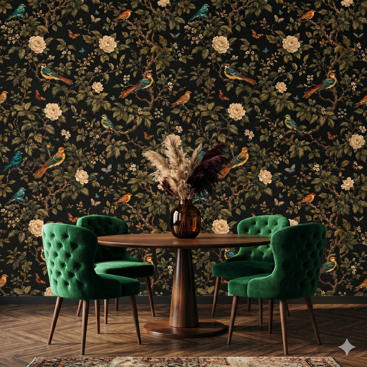 Dark Green Vintage Bird and Floral Chinoiserie Wallpaper, Moody Maximalist Wall Decor, Dark Academia Home Aesthetic