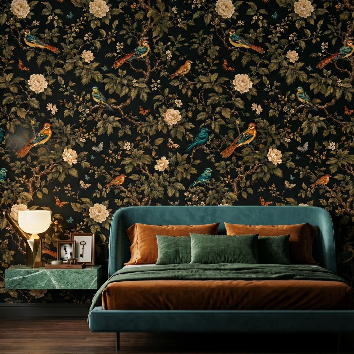 Dark Green Vintage Bird and Floral Chinoiserie Wallpaper, Moody Maximalist Wall Decor, Dark Academia Home Aesthetic