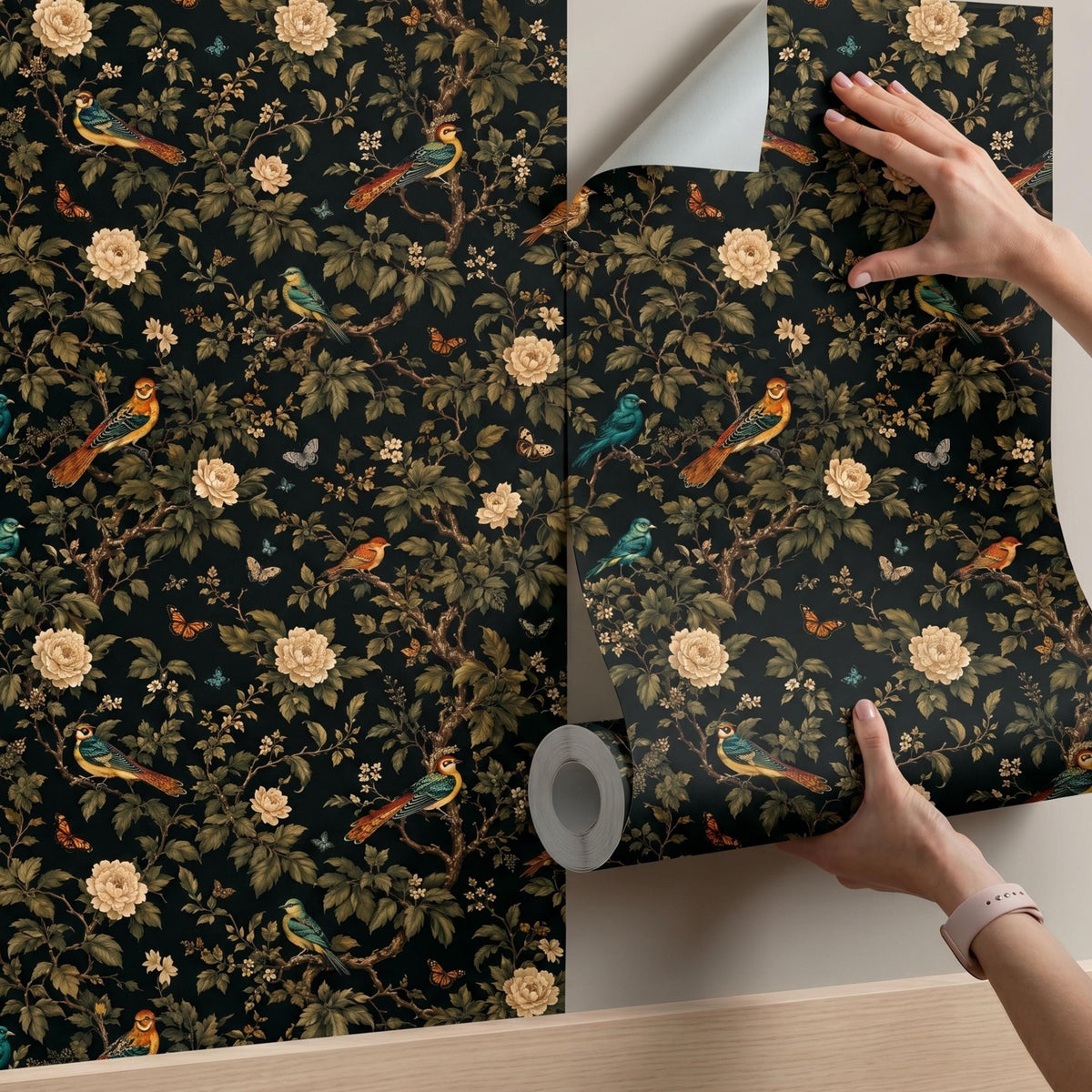 Dark Green Vintage Bird and Floral Chinoiserie Wallpaper, Moody Maximalist Wall Decor, Dark Academia Home Aesthetic