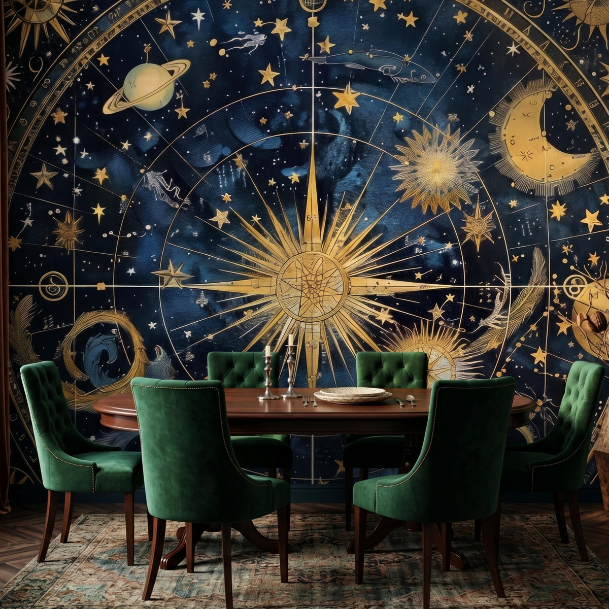 Navy Blue Gold Celestial Astrology Wallpaper Mural, Dark Academia Home Decor, Vintage Star Map Wall Art, Mystical Night Sky Aesthetic