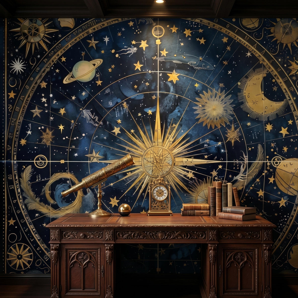 Navy Blue Gold Celestial Astrology Wallpaper Mural, Dark Academia Home Decor, Vintage Star Map Wall Art, Mystical Night Sky Aesthetic
