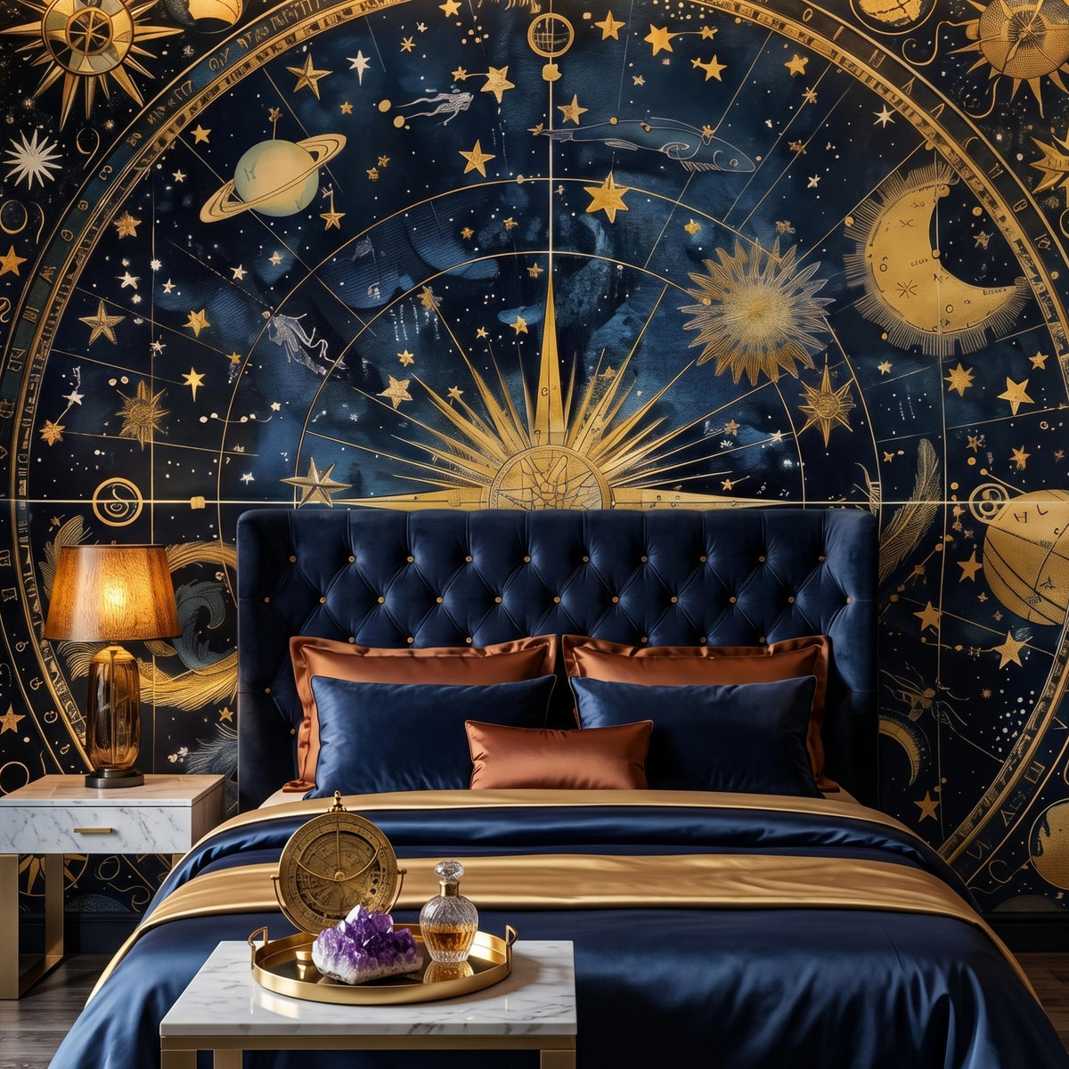 Navy Blue Gold Celestial Astrology Wallpaper Mural, Dark Academia Home Decor, Vintage Star Map Wall Art, Mystical Night Sky Aesthetic