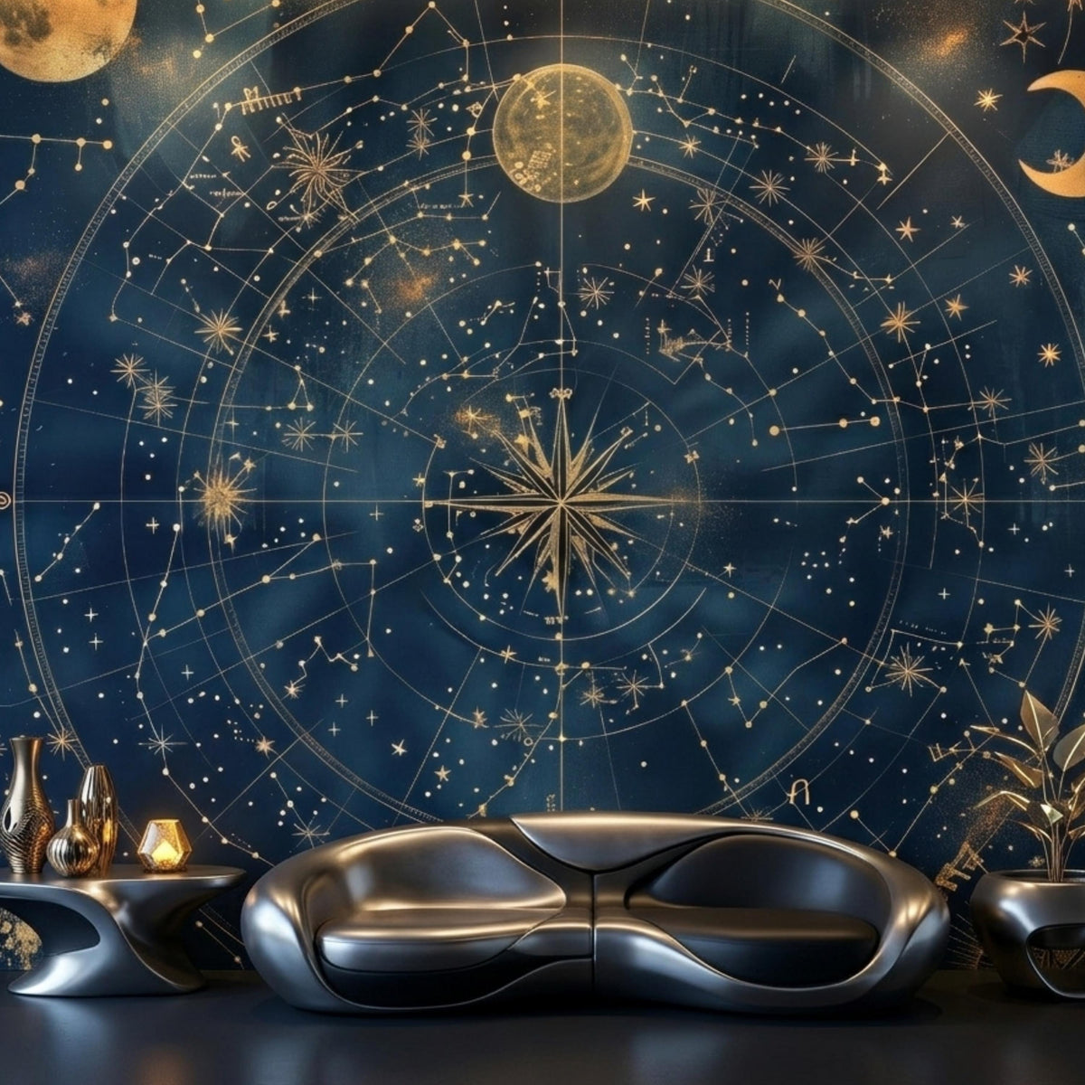Navy and Gold Vintage Celestial Map Mural Wallpaper, Antique Star Chart Wall Decor, Mystical Dark Academia Vibe, Astro Home Office Accent