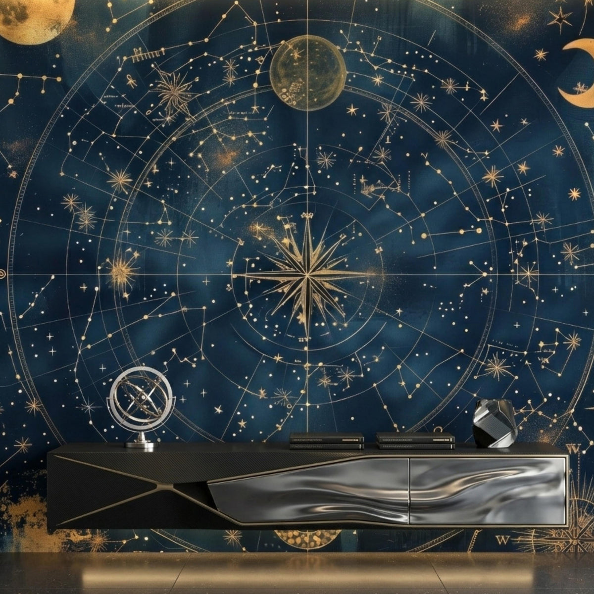 Navy and Gold Vintage Celestial Map Mural Wallpaper, Antique Star Chart Wall Decor, Mystical Dark Academia Vibe, Astro Home Office Accent