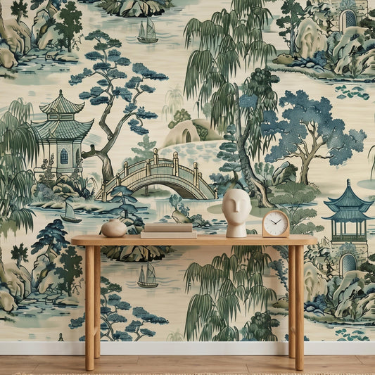 Japanese Garden Wallpaper Mural - Traditional Asian Landscape Wall Art, Oriental Home Decor- Peel & Stick