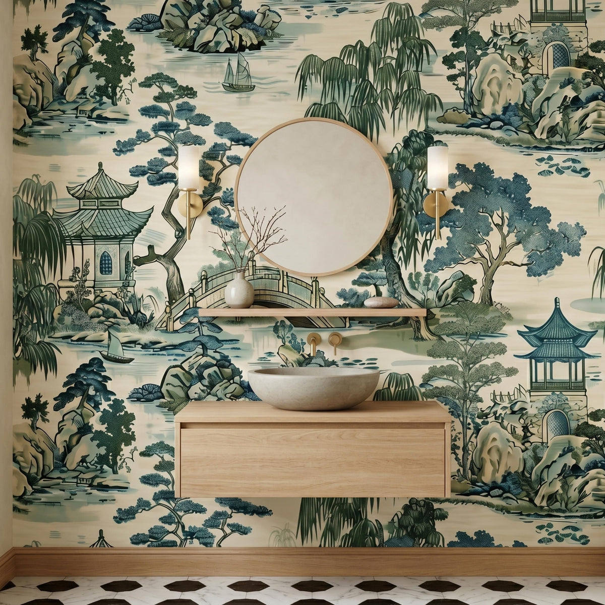 Japanese Garden Wallpaper Mural - Traditional Asian Landscape Wall Art, Oriental Home Decor- Peel & Stick