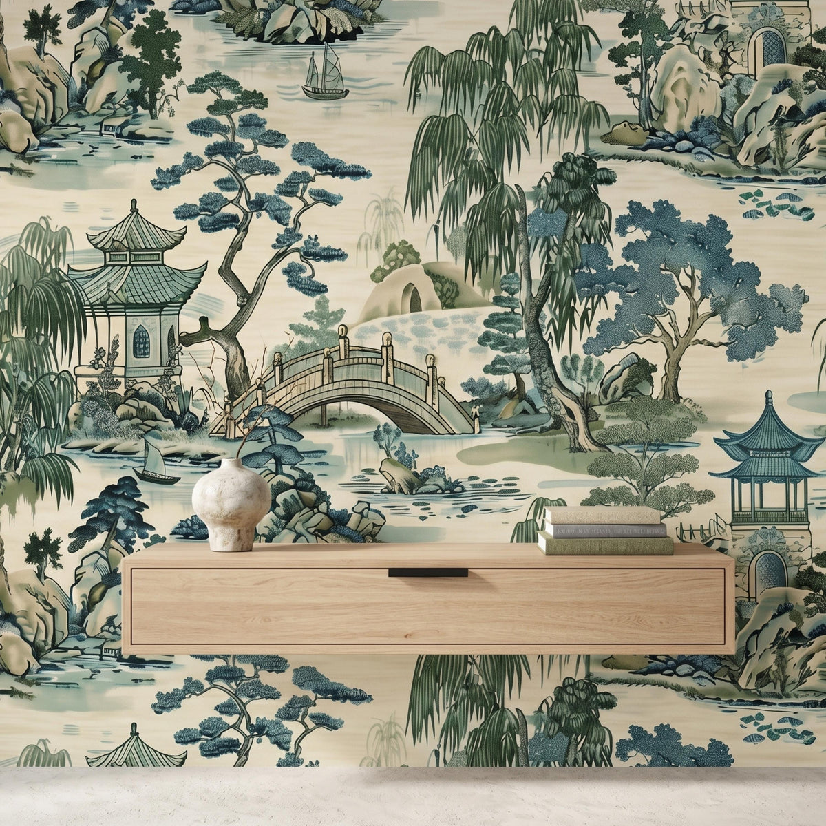 Japanese Garden Wallpaper Mural - Traditional Asian Landscape Wall Art, Oriental Home Decor- Peel & Stick