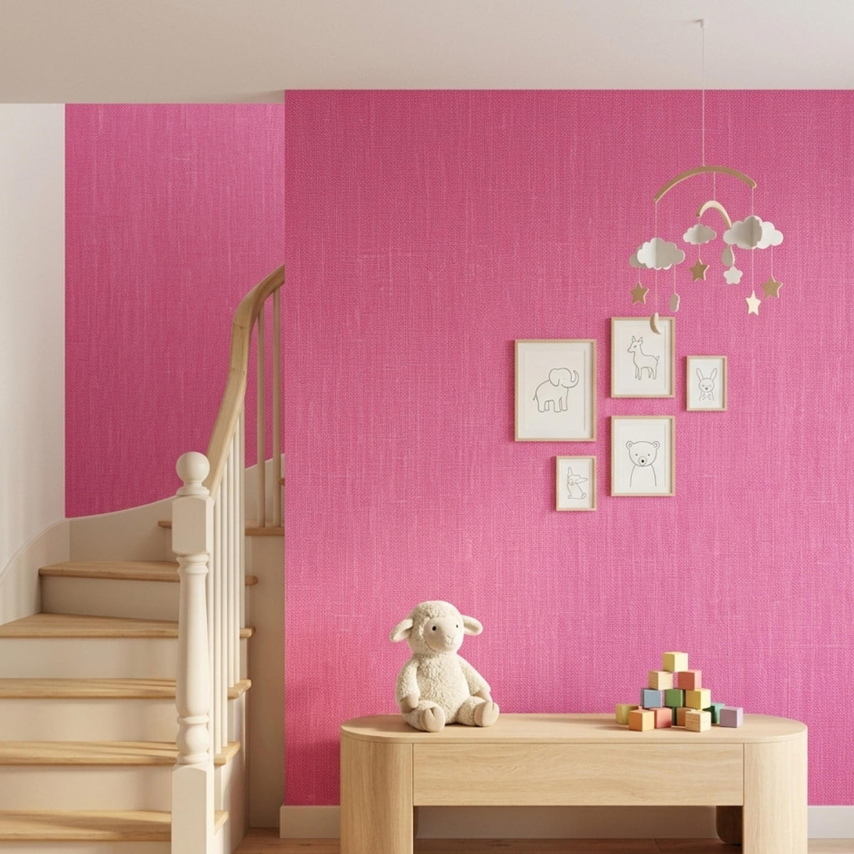 Pink Linen Texture Wallpaper, Faux Grasscloth Fabric Wall Mural, Modern Nursery Decor, Minimalist Pastel Home Aesthetic