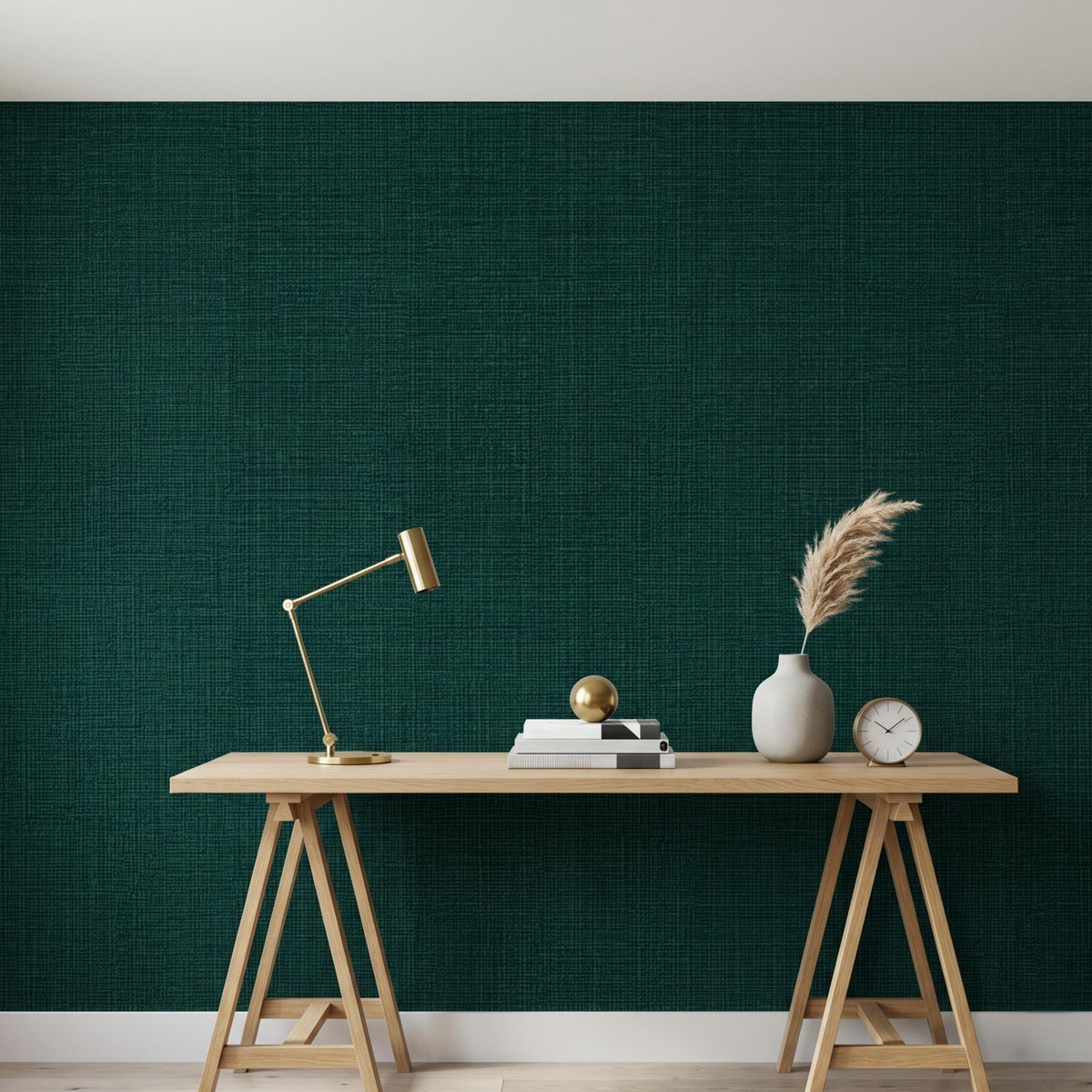 Linen Texture Emerald Green Wallpaper Peel and Stick, Faux Fabric Wall Mural Decor, Modern Grasscloth Style Aesthetic