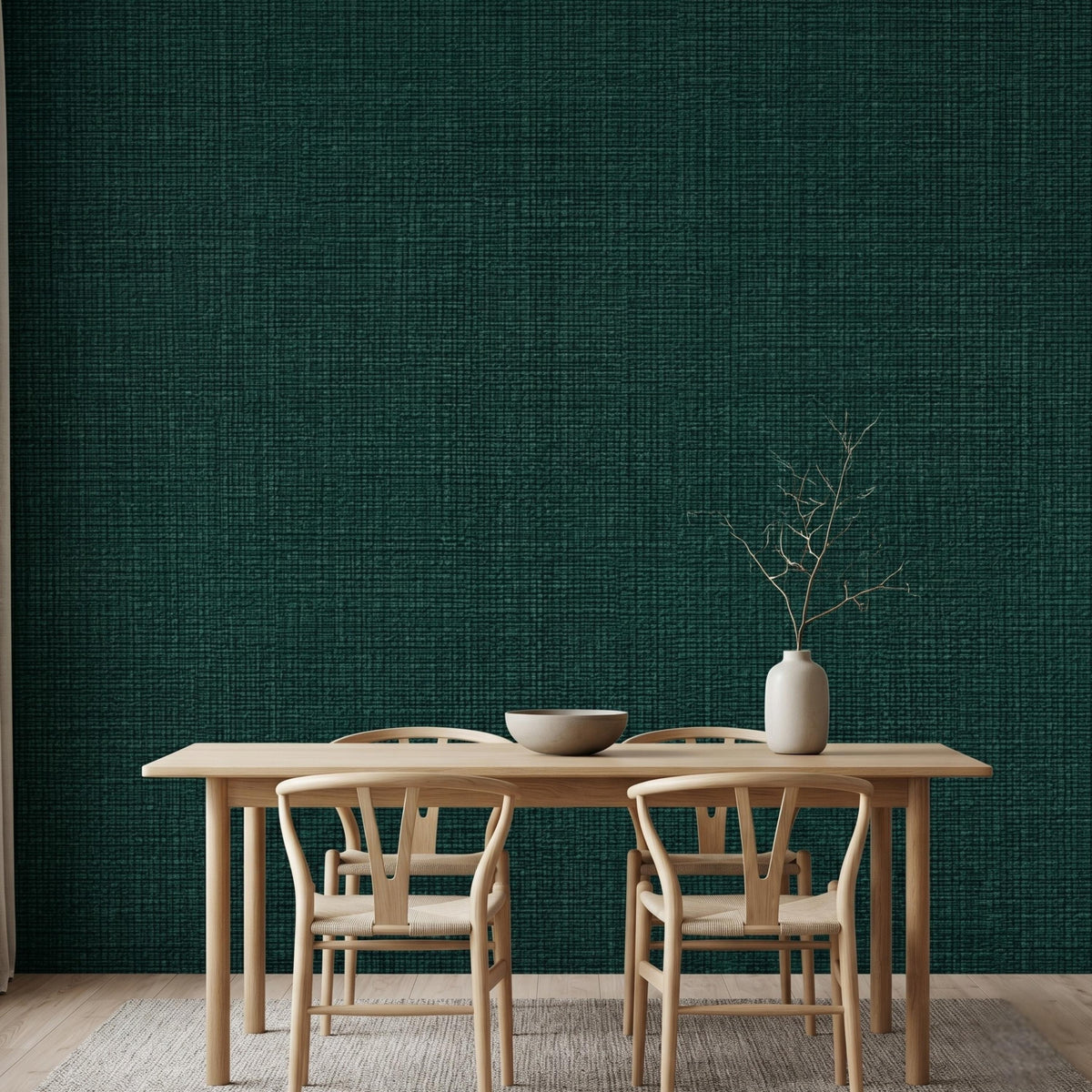Linen Texture Emerald Green Wallpaper Peel and Stick, Faux Fabric Wall Mural Decor, Modern Grasscloth Style Aesthetic