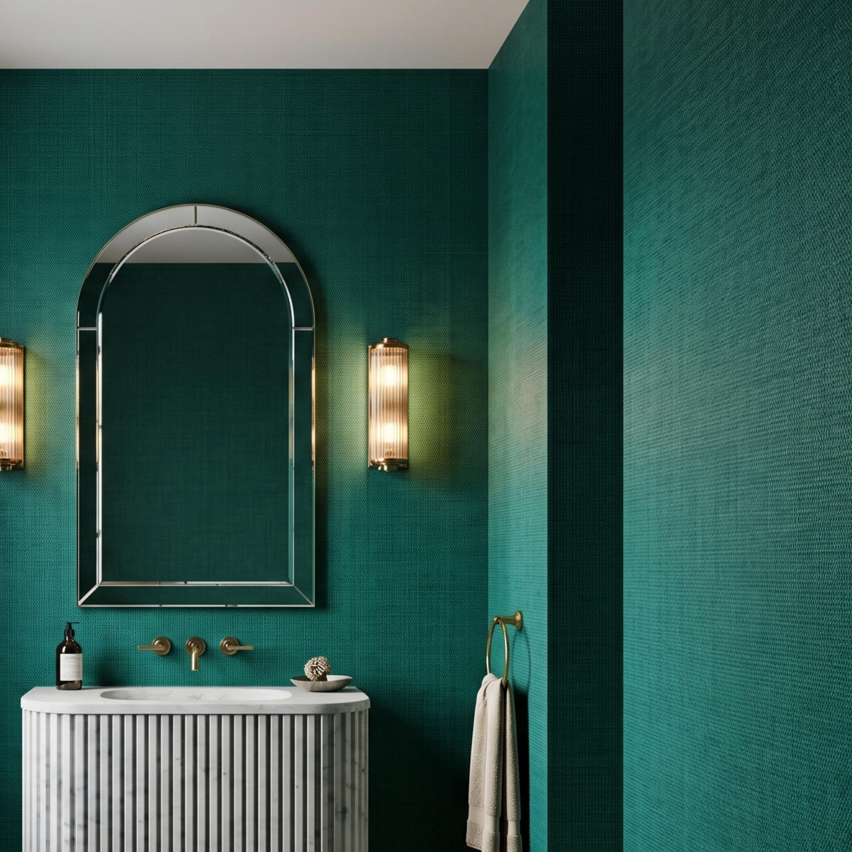 Linen Texture Emerald Green Wallpaper Peel and Stick, Faux Fabric Wall Mural Decor, Modern Grasscloth Style Aesthetic