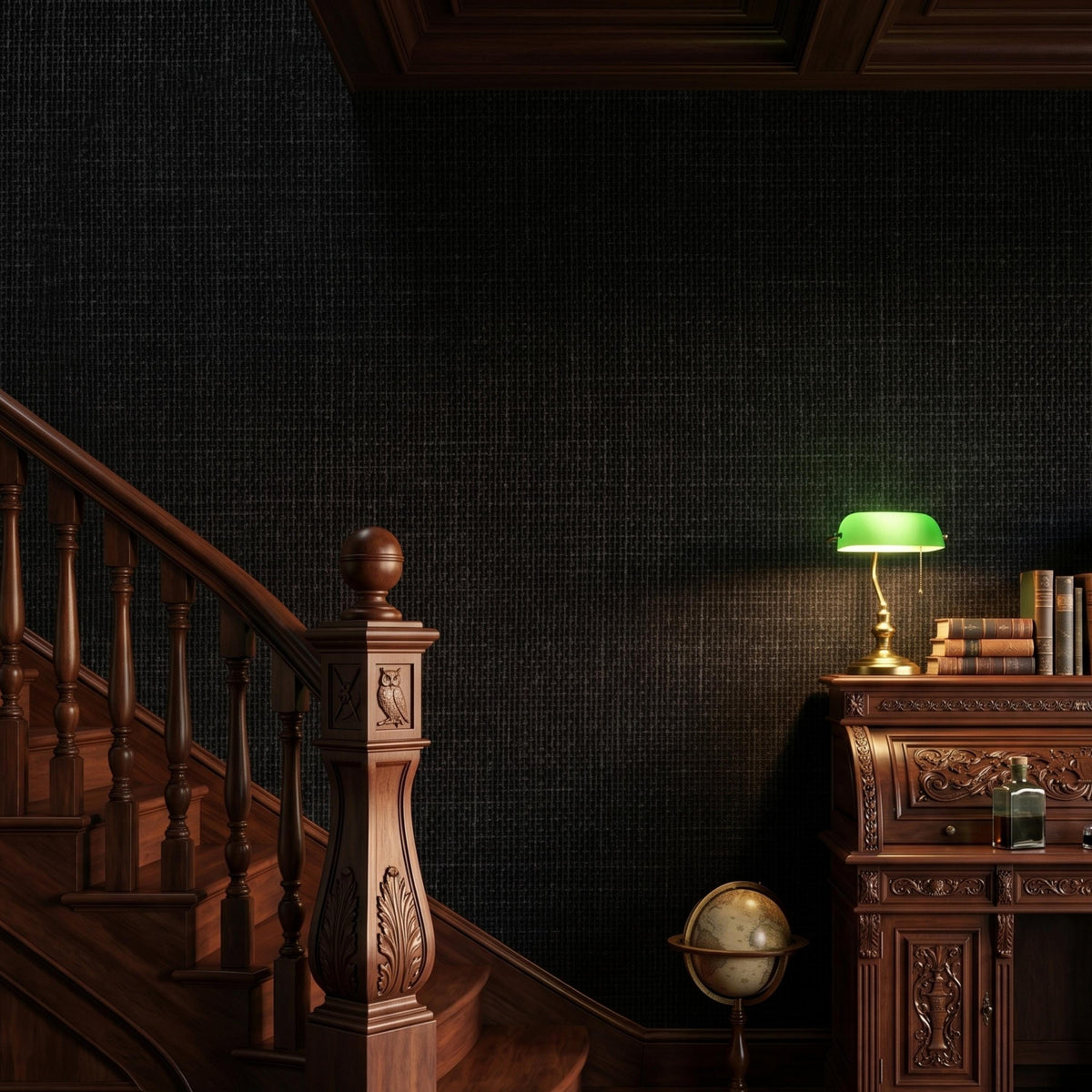 Black Grasscloth Texture Peel and Stick Wallpaper, Moody Dark Academia Home Decor, Modern Masculine Office Interior Design