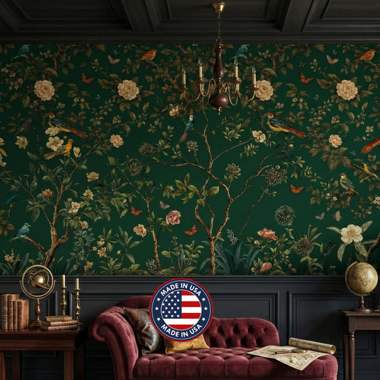 Dark Green Chinoiserie Floral Wallpaper Wall Mural, Moody Botanical Bird Wall Decor, Vintage Nature Peel and Stick, Victorian Aesthetic