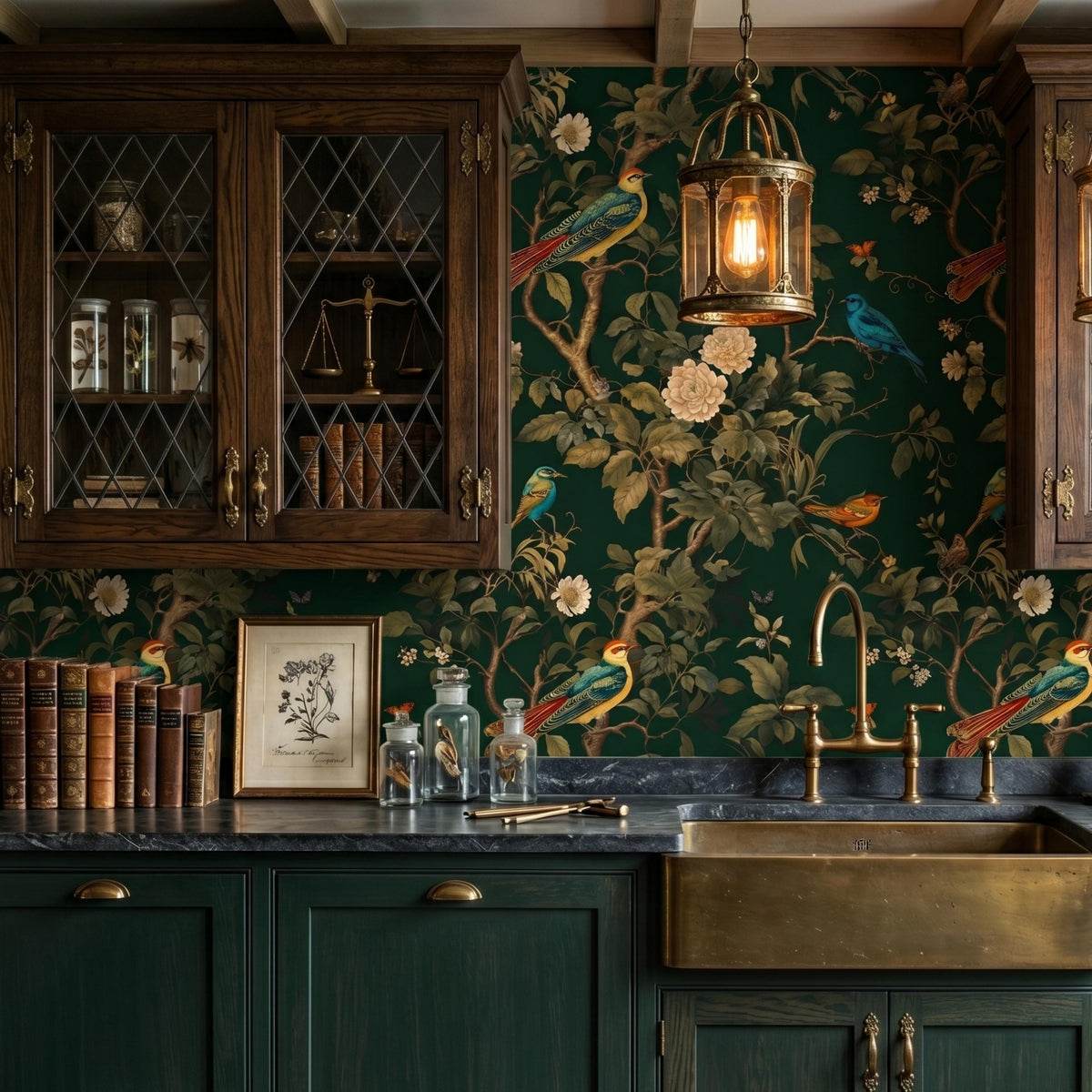 Dark Green Chinoiserie Floral Wallpaper Wall Mural, Moody Botanical Bird Wall Decor, Vintage Nature Peel and Stick, Victorian Aesthetic