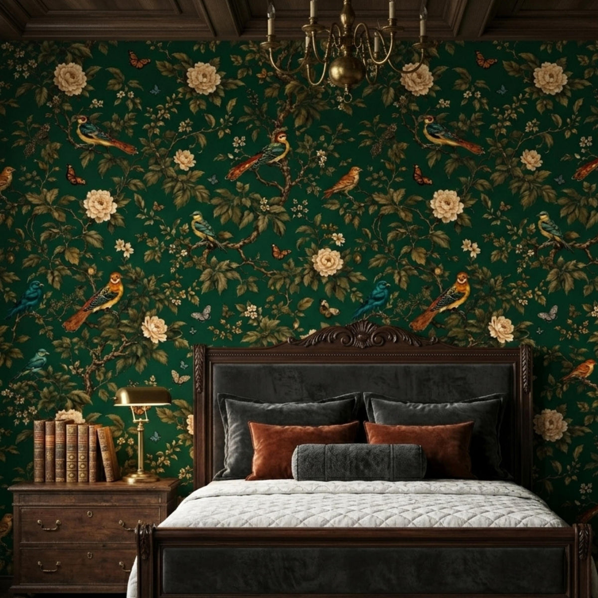 Dark Green Chinoiserie Floral Wallpaper Wall Mural, Moody Botanical Bird Wall Decor, Vintage Nature Peel and Stick, Victorian Aesthetic