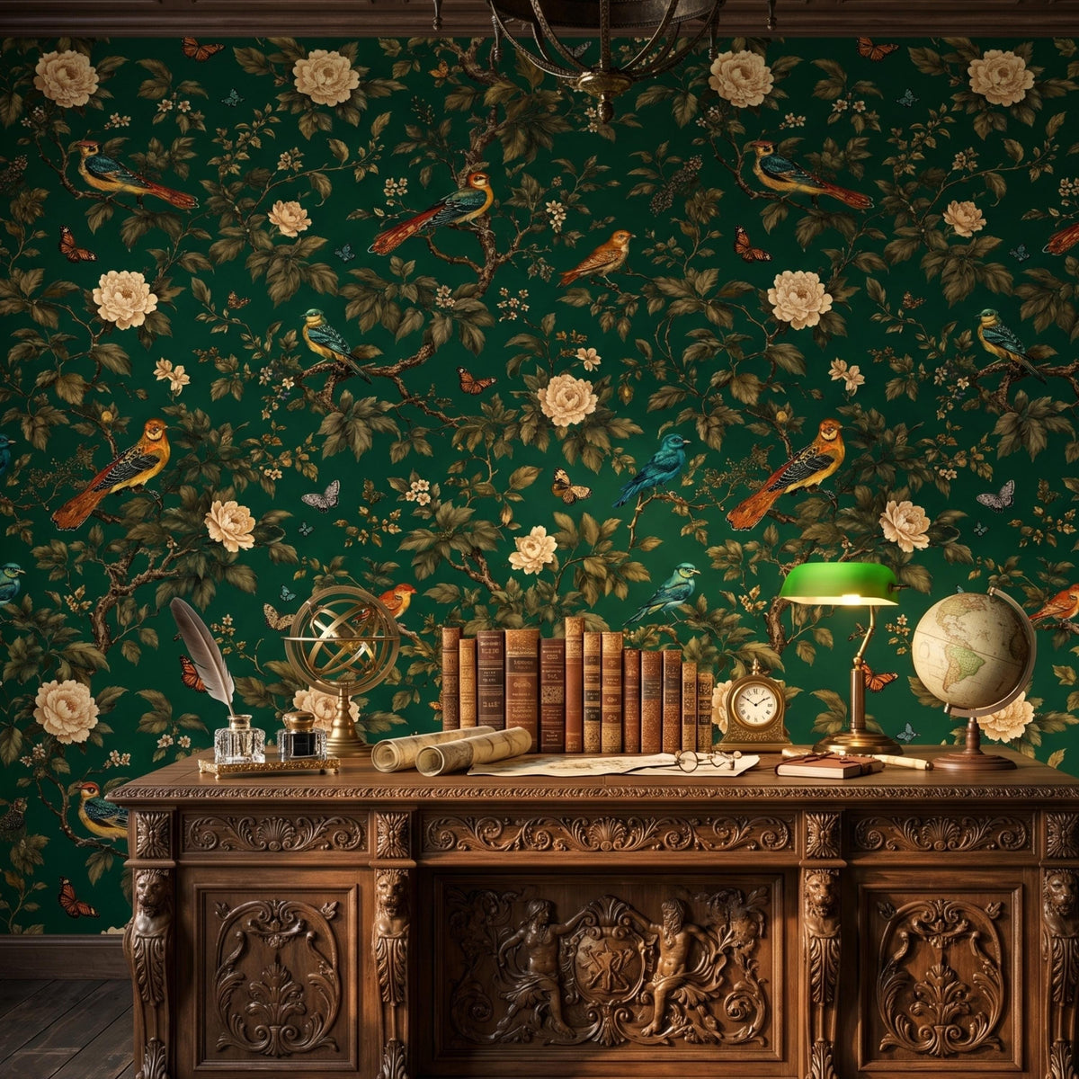 Dark Green Chinoiserie Floral Wallpaper Wall Mural, Moody Botanical Bird Wall Decor, Vintage Nature Peel and Stick, Victorian Aesthetic