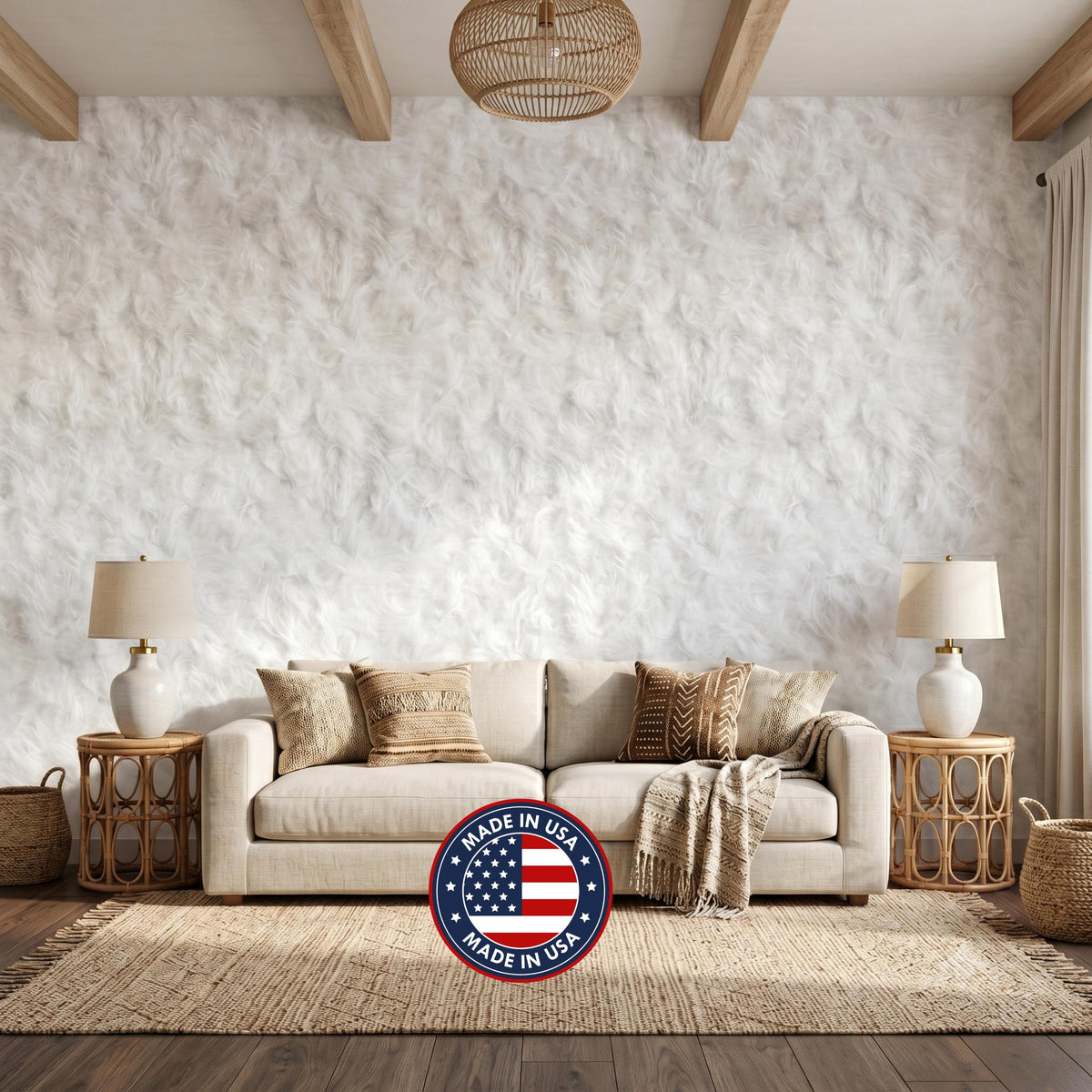 Faux Fur Texture White Boho Wallpaper, Fluffy Cloud Pattern Wall Decor, Neutral Nursery Decor, Modern Shaggy Aesthetic Mural