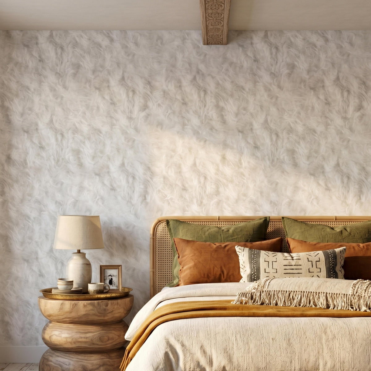 Faux Fur Texture White Boho Wallpaper, Fluffy Cloud Pattern Wall Decor, Neutral Nursery Decor, Modern Shaggy Aesthetic Mural