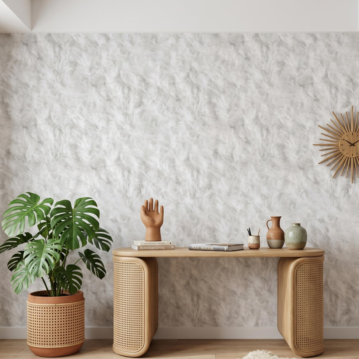 Faux Fur Texture White Boho Wallpaper, Fluffy Cloud Pattern Wall Decor, Neutral Nursery Decor, Modern Shaggy Aesthetic Mural