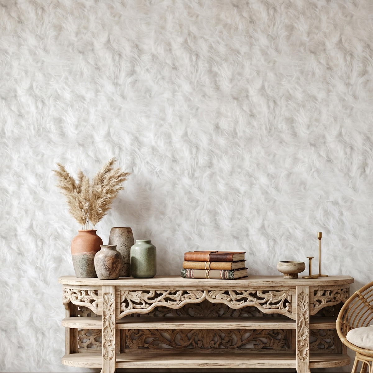 Faux Fur Texture White Boho Wallpaper, Fluffy Cloud Pattern Wall Decor, Neutral Nursery Decor, Modern Shaggy Aesthetic Mural