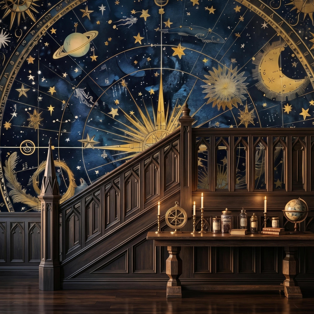 Navy Blue Gold Celestial Astrology Wallpaper Mural, Dark Academia Home Decor, Vintage Star Map Wall Art, Mystical Night Sky Aesthetic