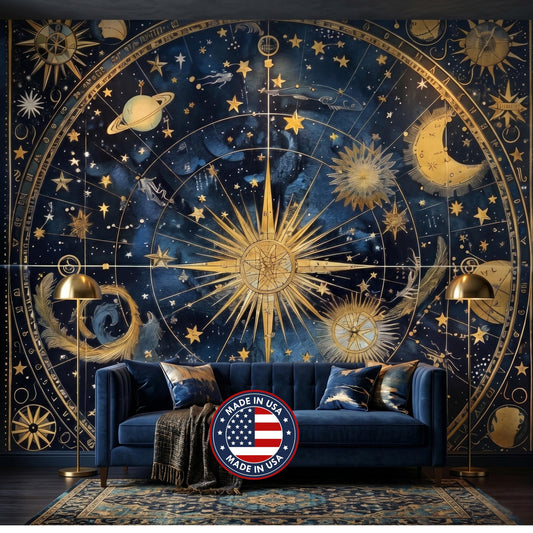 Navy Blue Gold Celestial Astrology Wallpaper Mural, Dark Academia Home Decor, Vintage Star Map Wall Art, Mystical Night Sky Aesthetic