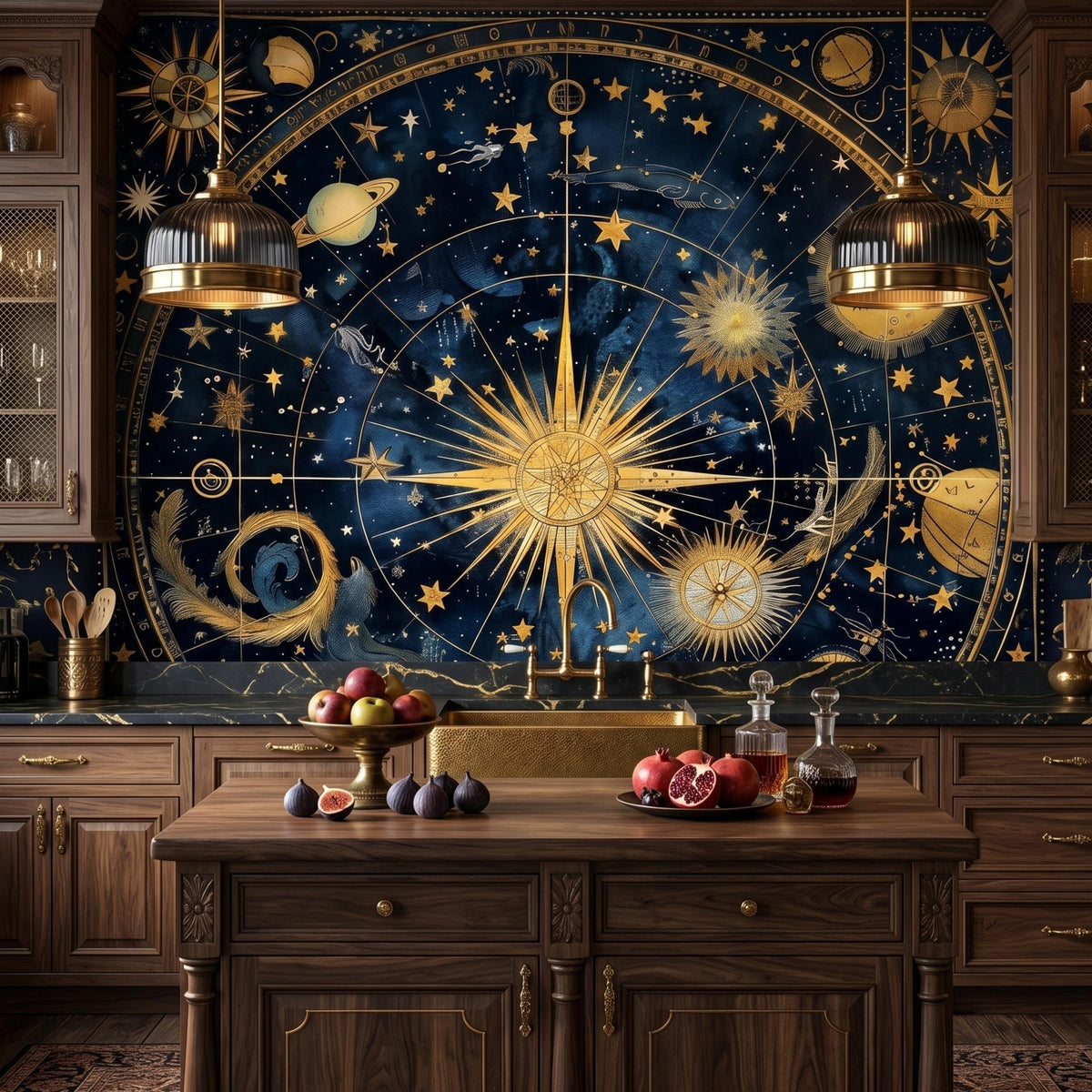 Navy Blue Gold Celestial Astrology Wallpaper Mural, Dark Academia Home Decor, Vintage Star Map Wall Art, Mystical Night Sky Aesthetic