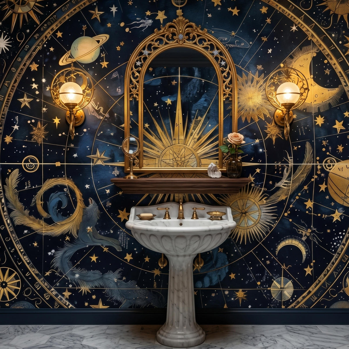 Navy Blue Gold Celestial Astrology Wallpaper Mural, Dark Academia Home Decor, Vintage Star Map Wall Art, Mystical Night Sky Aesthetic