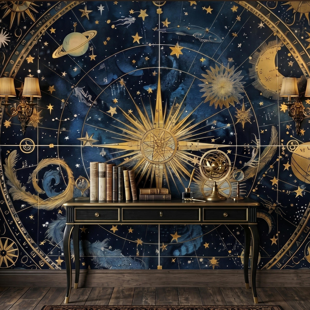 Navy Blue Gold Celestial Astrology Wallpaper Mural, Dark Academia Home Decor, Vintage Star Map Wall Art, Mystical Night Sky Aesthetic