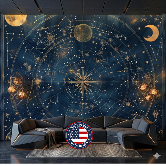 Navy and Gold Vintage Celestial Map Mural Wallpaper, Antique Star Chart Wall Decor, Mystical Dark Academia Vibe, Astro Home Office Accent